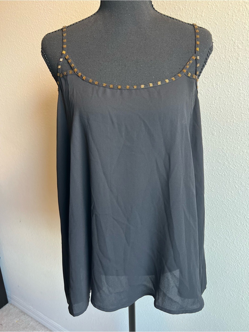 Lovemarks Sheer Black Camisole Tank Top with Gold Beaded Accents